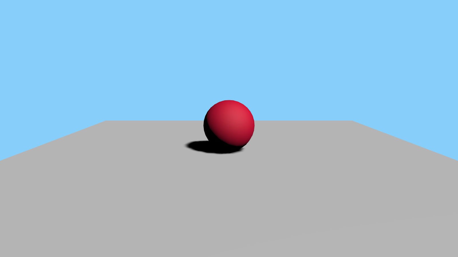 A crimson sphere resting on a light gray plane, casting a shadow under a blue sky