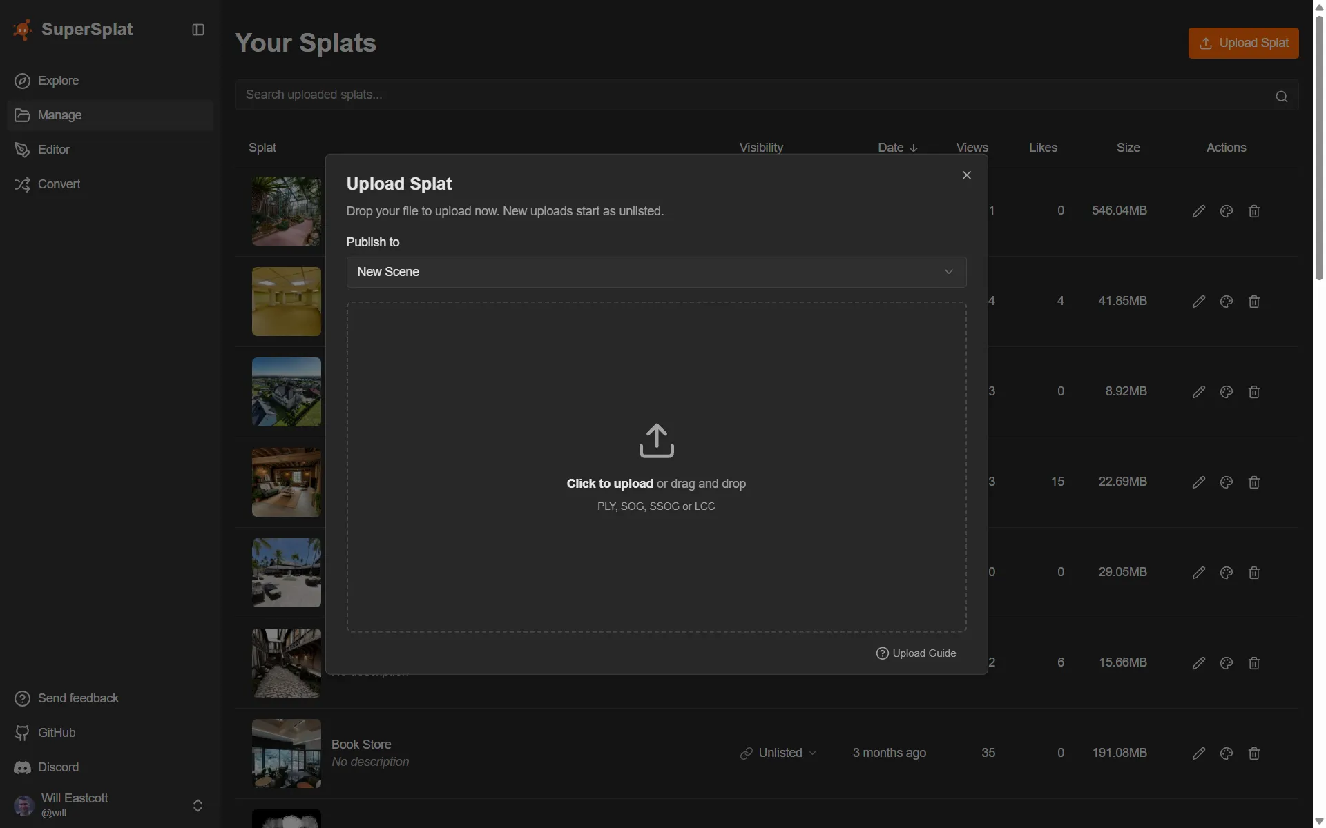 The Upload Splat dialog — a Publish-to selector and a click-or-drag file drop area